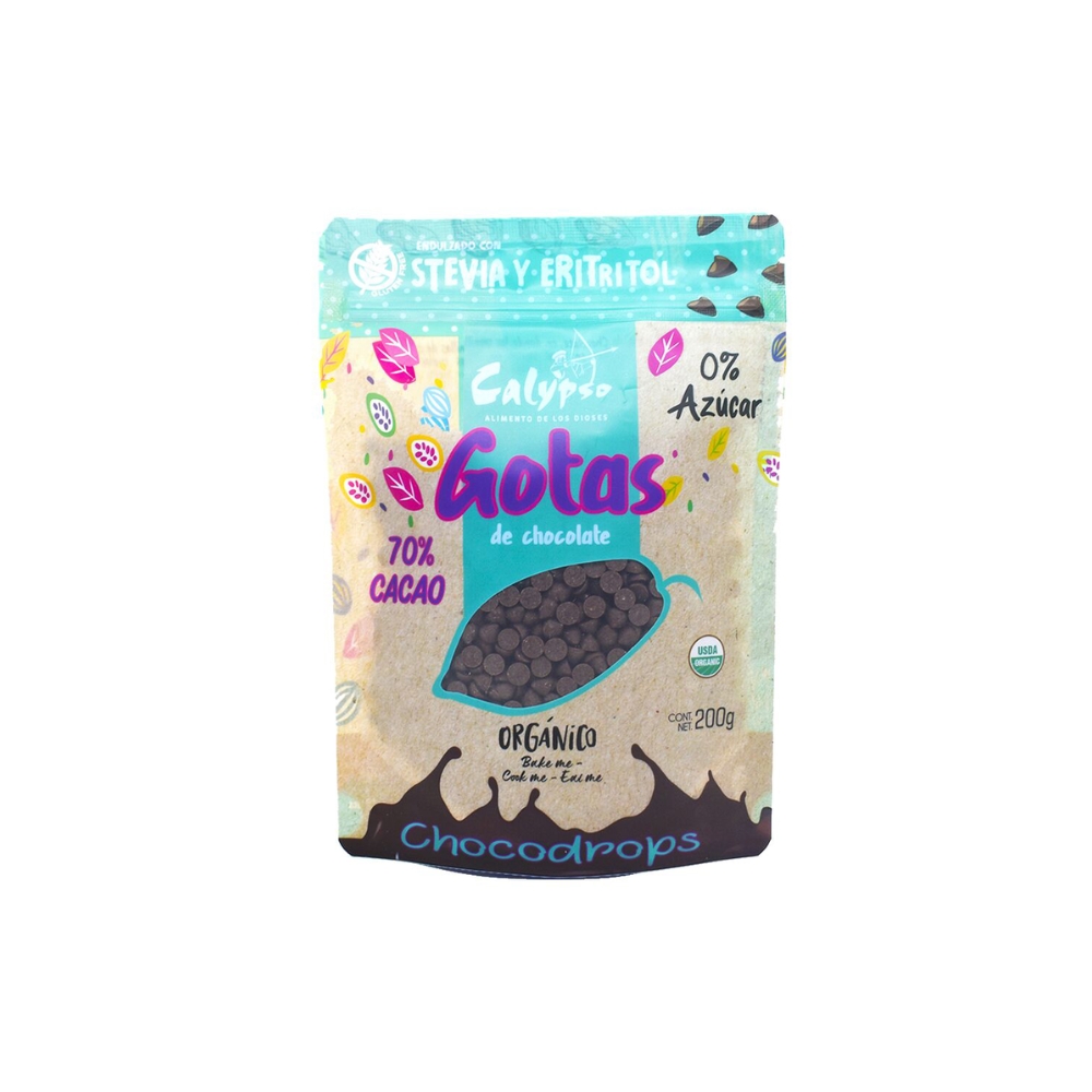 CHISPAS DE CHOCOLATE 70% CACAO CON STEVIA Y ERITRITOL (200 g) CALYPSO