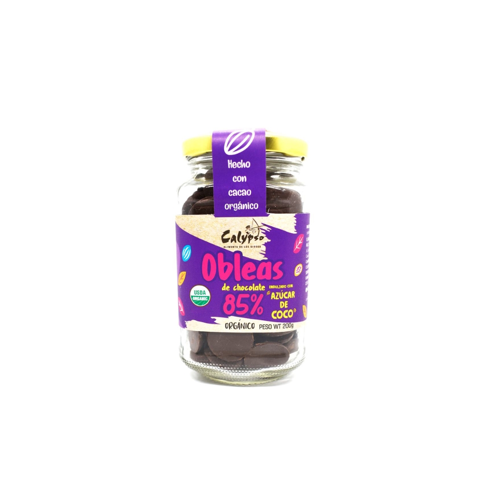 OBLEAS DE CHOCOLATES 85% DE CACAO AZÚCAR DE COCO VIDRIO 200GR CALYPSO