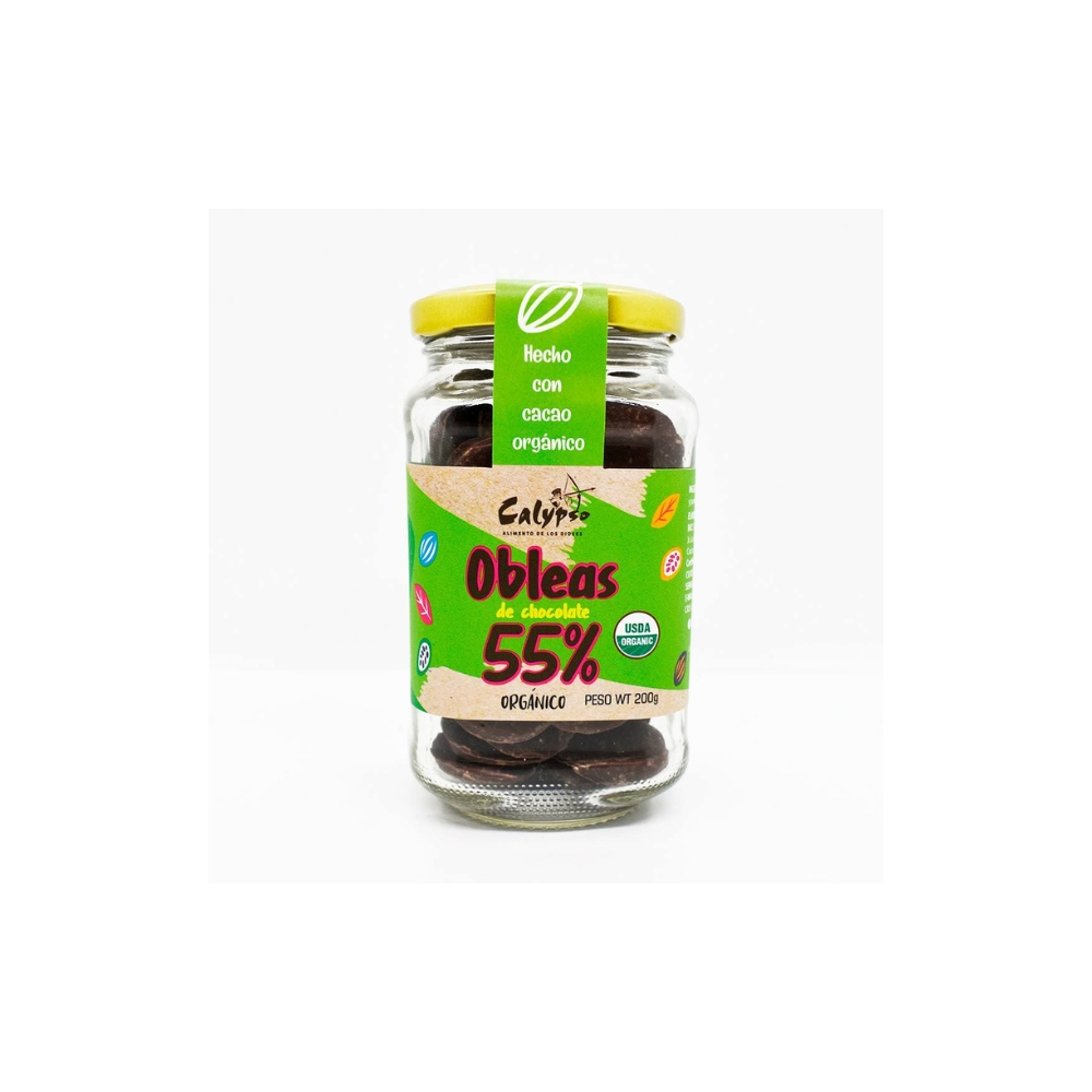 OBLEAS DE CHOCOLATES 55% DE CACAO VIDRIO 200GR CALYPSO